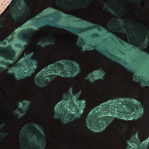 Emerald Green and Black Satin Sheer Paisley Print Scarf - Picture 4 of 4